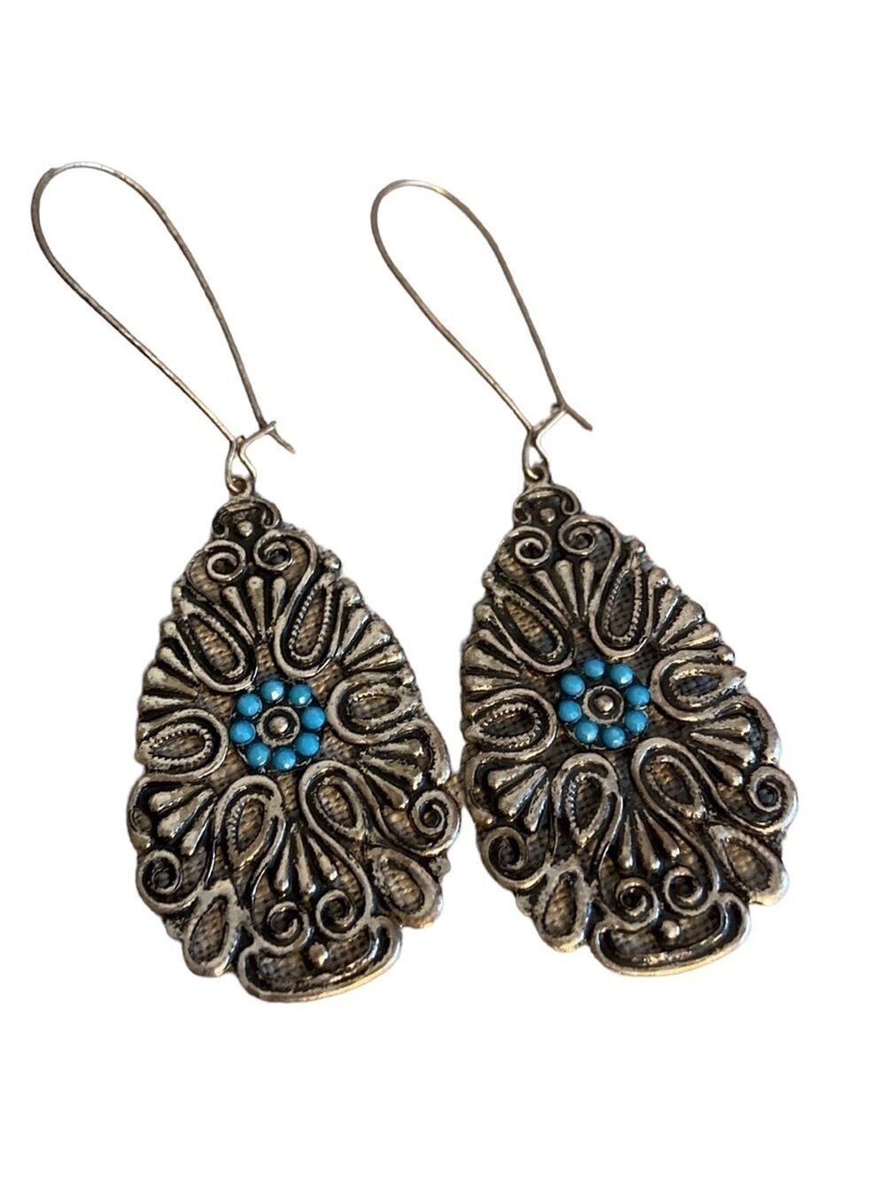 Western Teardrop Earrings Silver Tone & Turquoise